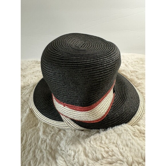 CALVIN KLEIN Women's Sun Hat Striped  Paper Polyester Black White Red One Size - Picture 3 of 7